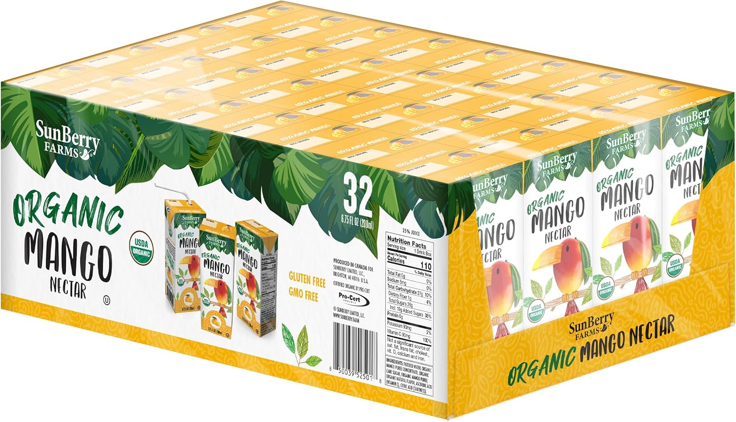Sunberry Farms Organic Mango Nectar Juice Boxes 32 Pack (6.75 fl oz) – Organic Mango Juice Drinks, All Natural, Real Sugar, Tropical Fruit Juice for Kids & Family