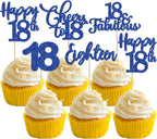 30 Pack Happy 18th Birthday Cupcake Toppers Dark Blue Glitter 18 Fabulous Cheers to 18 Years Old Birthday Cupcake Picks for Happy 18th Anniversary Party Cake Decorations