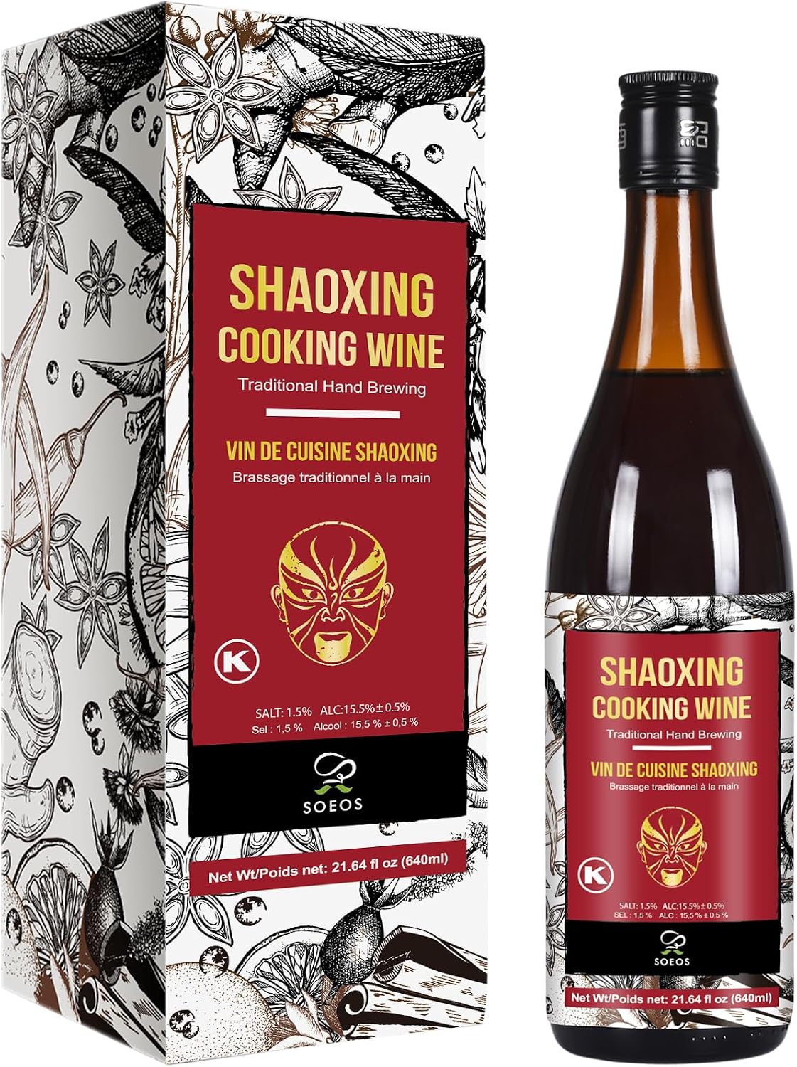Soeos Shaoxing Wine, Shaoxing Rice Wine, Chinese Cooking Wine, Rice Cooking Wine, Shaoxing Wine Chinese Cooking Wine, Shao Hsing Rice Wine, 21.64 fl oz (640ml),1 Pack, Regular Cooking Wine