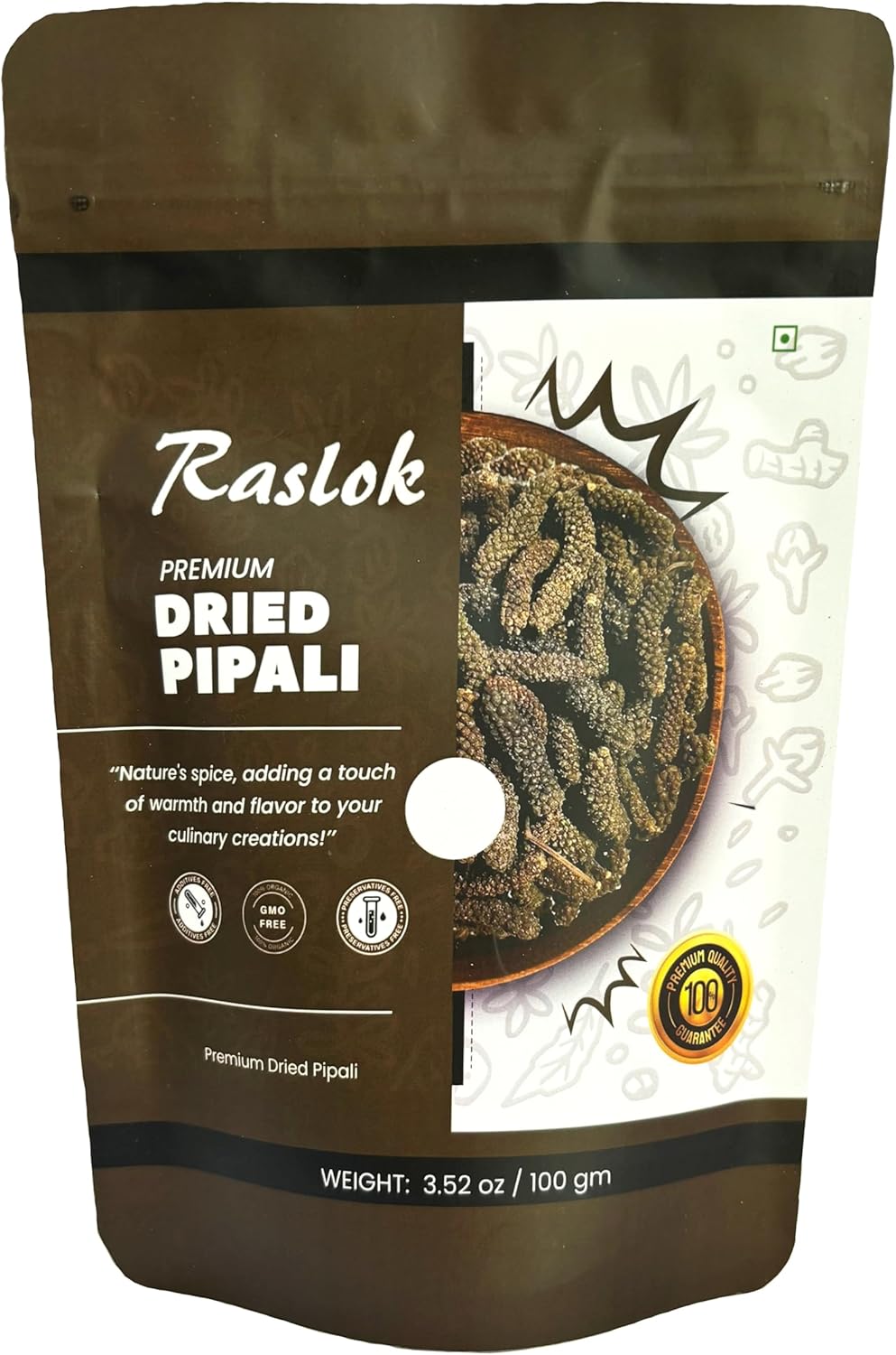Raslok Dried Pippali Indian Long Pepper Whole | 3.52 oz - 100gm | Pipli Spice Long Pippali Whole | Indian Spices | Organic Whole Black Pepper | Multipurpose Seasoning | Resealable Bag
