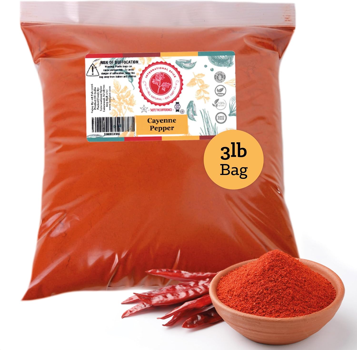 Cayenne Pepper by International Spice, Red Cayenne Pepper Seasoning Powder, Essential Gourmet Kitchen Spice, Bulk, 3 lb. Bag