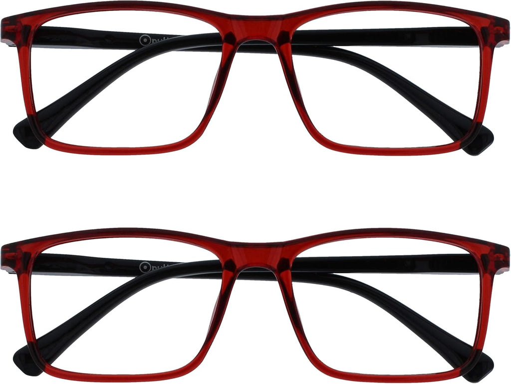 OPULIZE INK Reading Glasses - Value 2 Pack - Large Rectangular Frame - Spring Hinges - Scratch Resistant - Dark Red Black Arm - Mens Womens +2.00