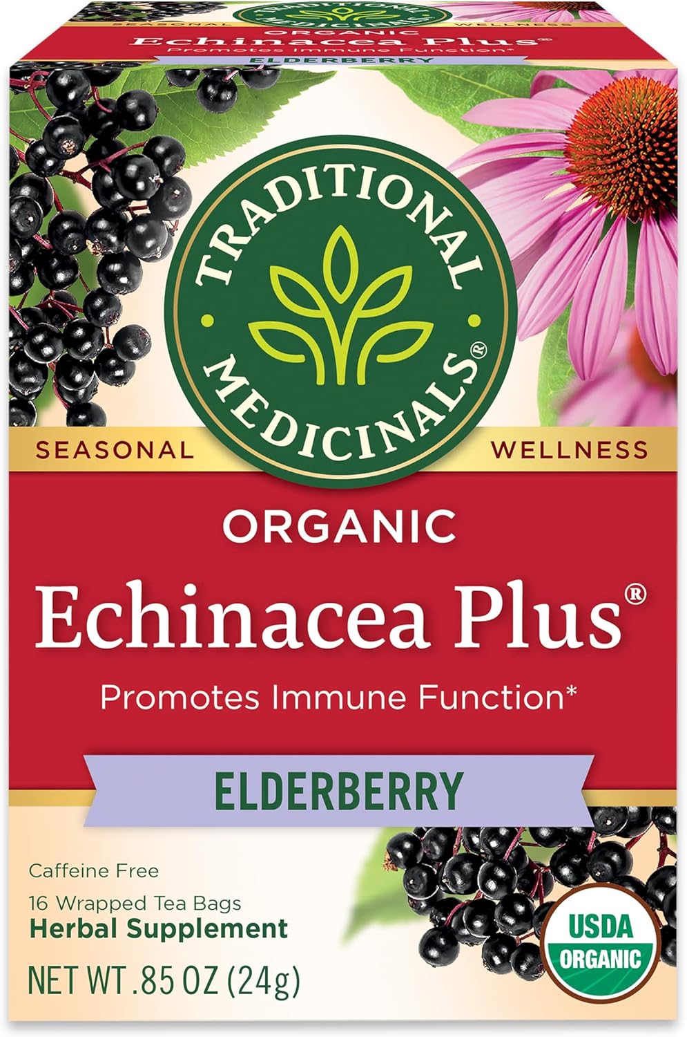 Traditional Medicinals Tea, Organic Echinacea Plus Elderberry, Boosts the Immune System, 16 Tea Bags