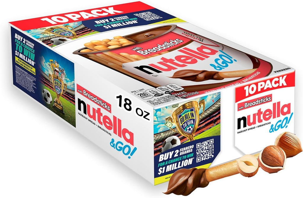 Nutella & GO! Chocolate Hazelnut Spread with Cocoa + Breadsticks, 10 Snack Packs, 1.8 oz Each