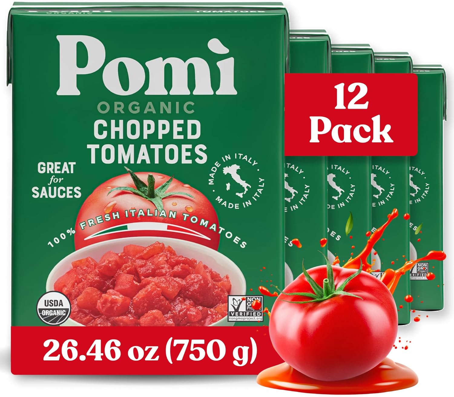 Pomì Organic Chopped Tomatoes 26.46oz (Pack of 12) - USDA Certified, Non-GMO, Gluten-Free - 100% Fresh Italian Flavor in BPA-Free Carton - Canned Alternative for Sauces, Pasta, Pizza & More