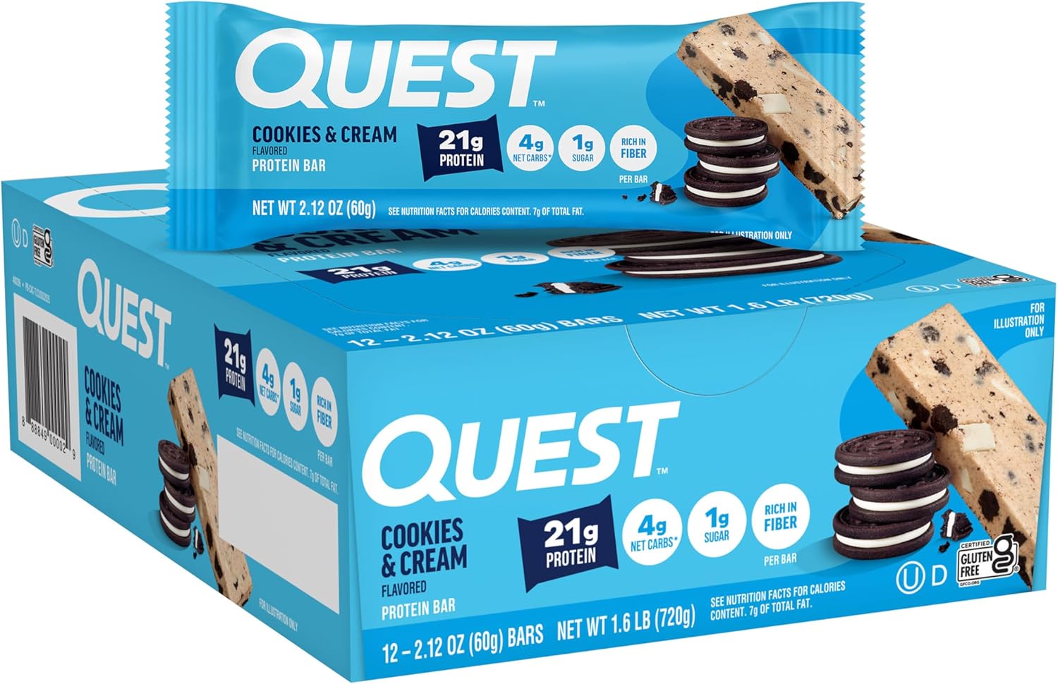 Quest Nutrition Cookies & Cream Protein Bars, 21g Protein, 1g Sugar, 4g Net Carb, High Fiber, Gluten Free, Keto Friendly, 12 Count