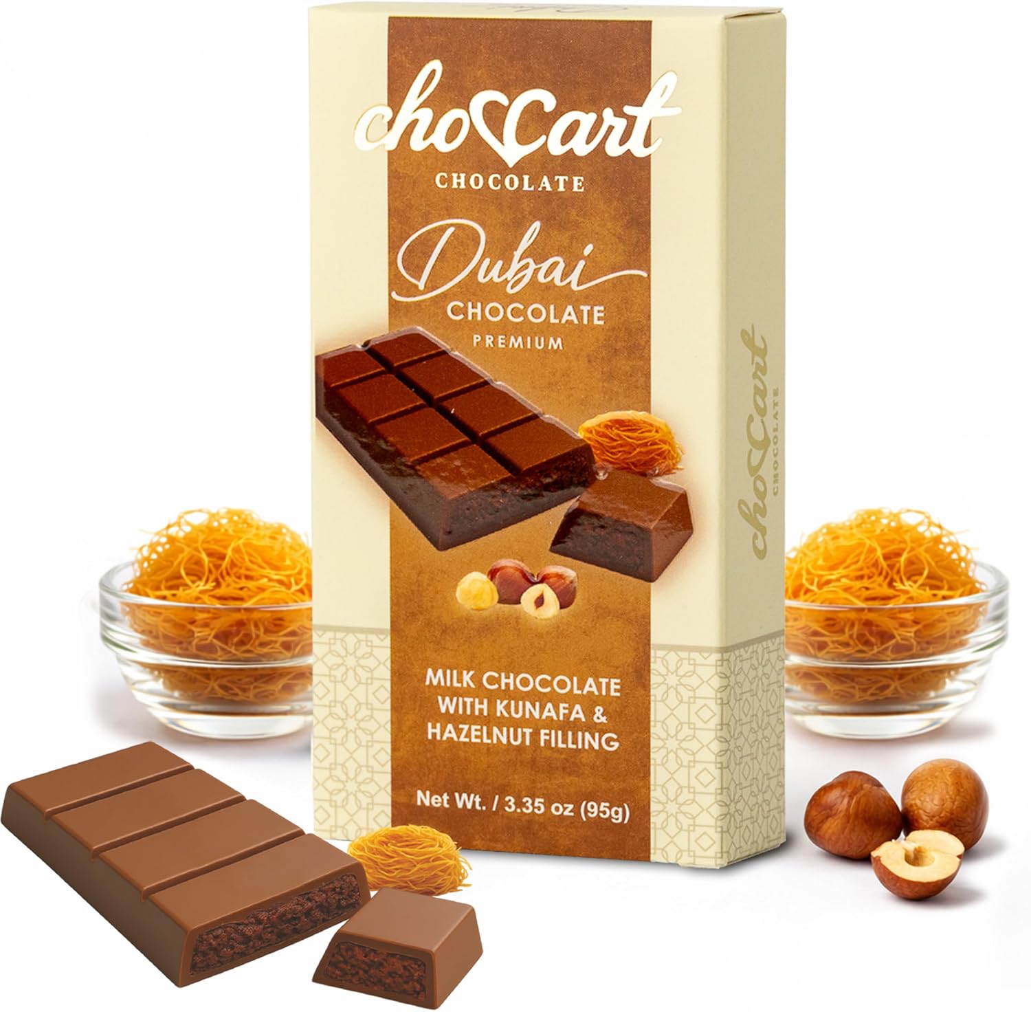 ChocCart Dubai Chocolate – Premium with Kunafa & Pistachio Filling – Viral Knafeh Chocolate Dessert Bar in Luxury Gift Box, Rich Milk (95g / 3.35 oz) - Made in Dubai (1 Pack, Hazelnut)