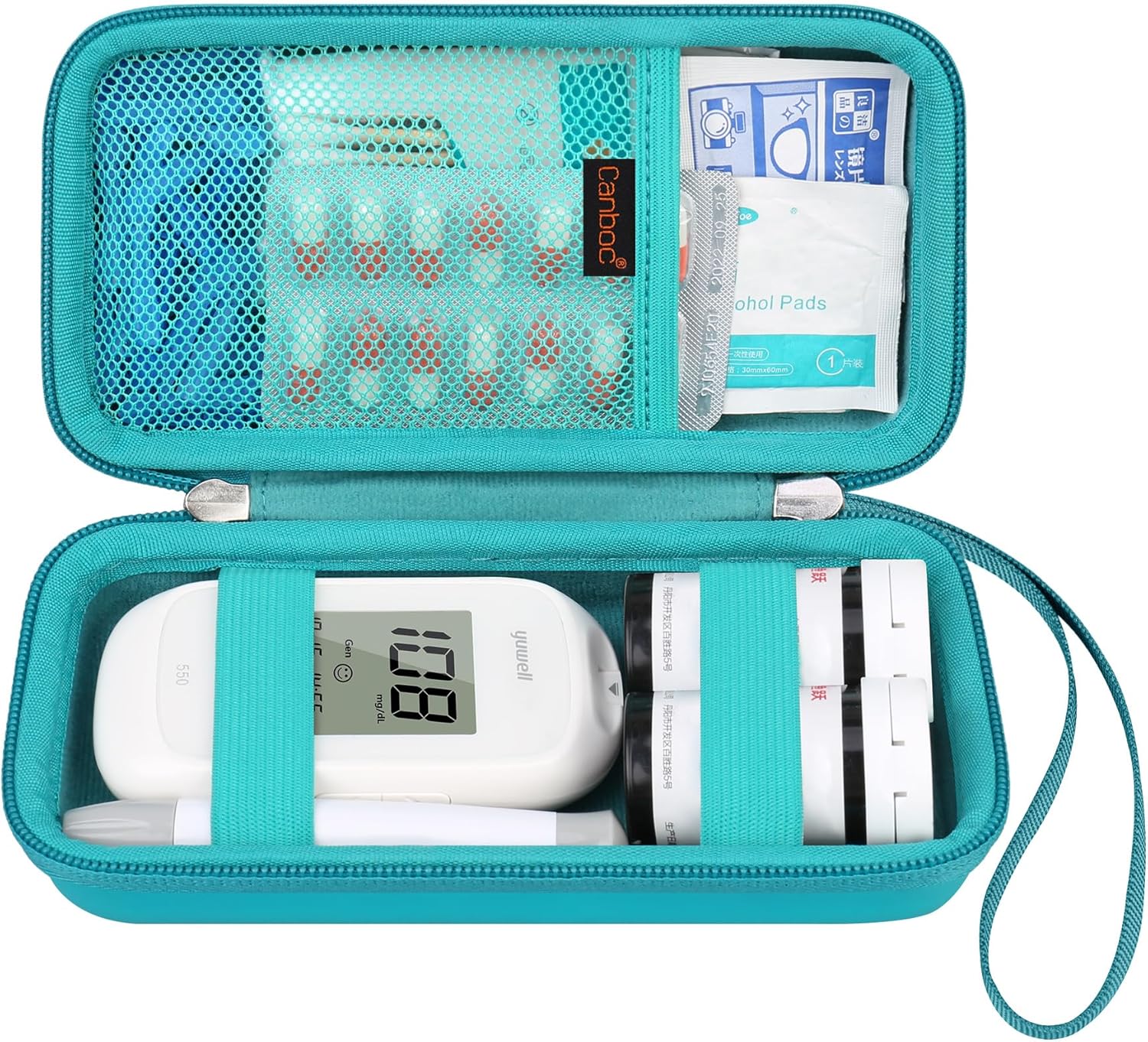 Canboc Diabetic Supplies Case, Carrying Organizer for Glucose Meter, Lancing Device, Blood Sugar Test Strips, Lancets, Insulin Pens, Alcohol Wipe and Diabetes Care Accessories, Turquoise+Turquoise
