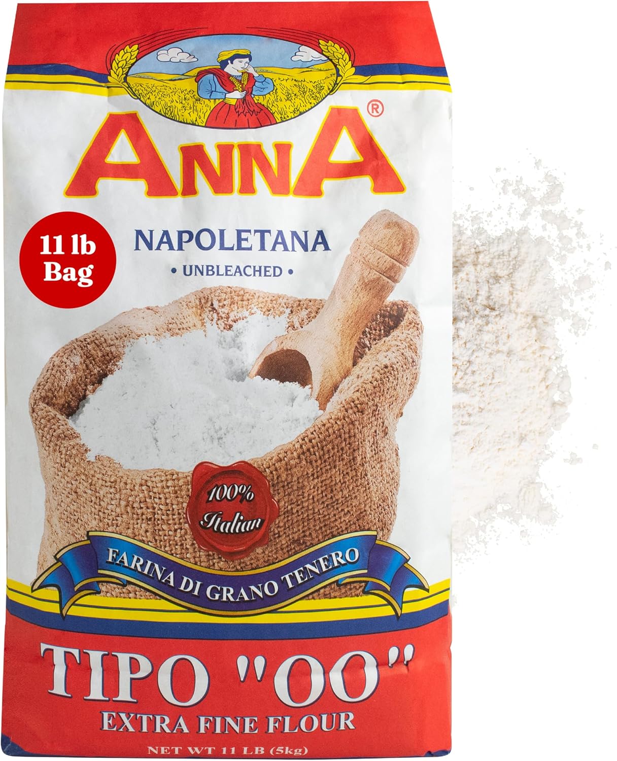 Cento Anna Tipo 00 Flour, 11 Lbs., Extra Fine, Unbleached, Soft Wheat Flour, Perfect for Pizza Crust, Pasta & Bread, Grown and Processed in Italy