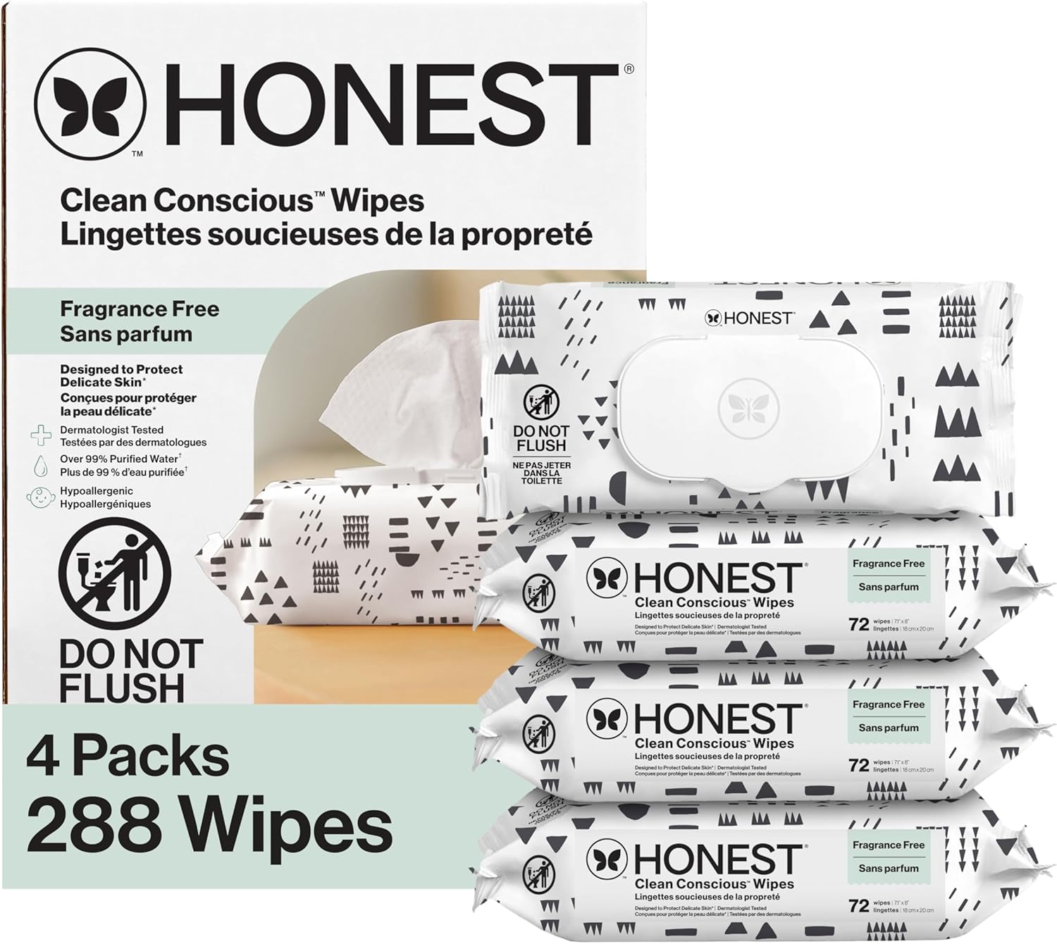 The Honest Company Hypoallergenic Multi-Use Baby Wipes for Sensitive Skin Baby Pattern Play 288 Count