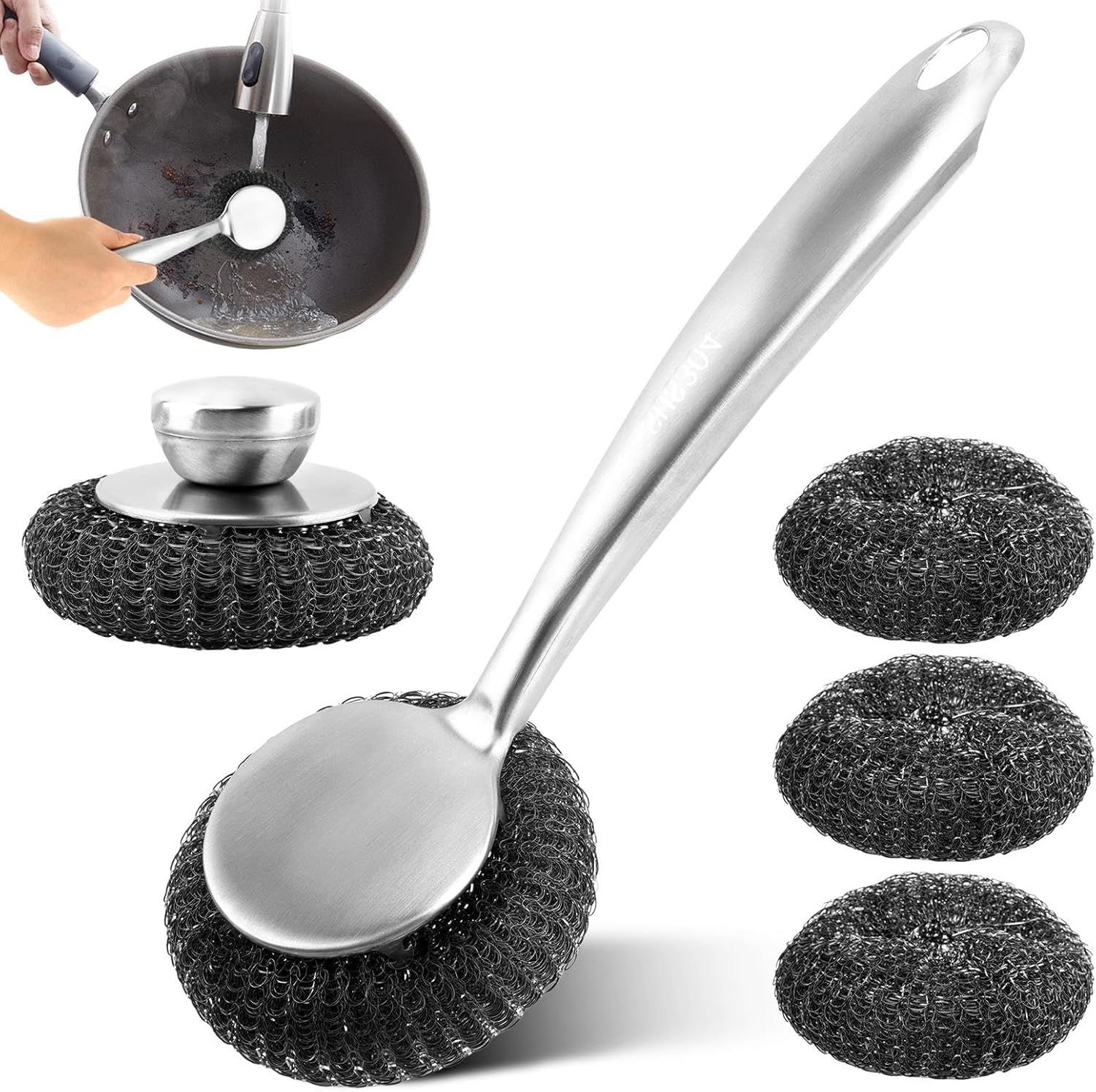 5Pcs Stainless Steel Wool Scrubber Sets, with Long & Short Handle & 3Pcs Detachable Pads, Metal Pot Scrubbers for Cleaning Dishes Iron Pots Stoves