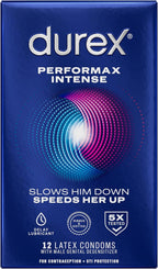Condoms, Ultra Fine, Ribbed, Dotted with Delay Lubricant, Durex Performax Intense Natural Rubber Latex Condoms, 12 Count, Contains Desensitizing Lube for Men