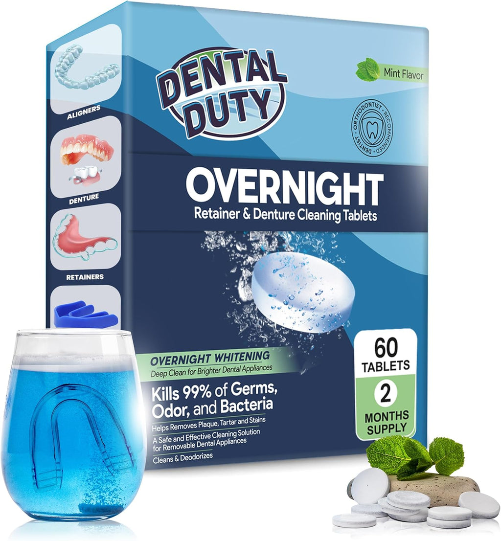 60 units Overnight Retainer & Denture Cleaning Tablets- Extra Strength, Best Cleaner Removes Bad Odor, Plaque, Stains from Retainers, Night Guards, Mouth Guard, & Dental Appliances.
