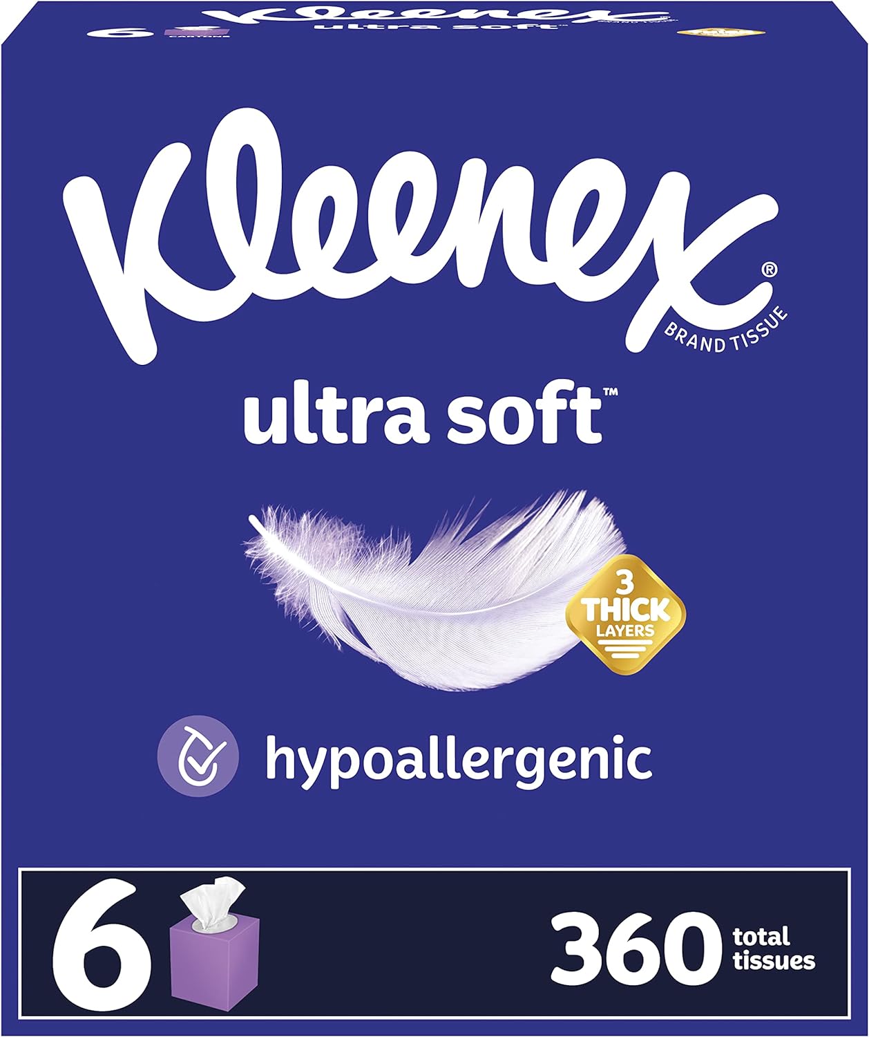 Kleenex Ultra Soft Facial Tissues, 6 Cube Boxes, 60 Tissues per Box, 3-Ply (360 Total Tissues), Packaging May Vary