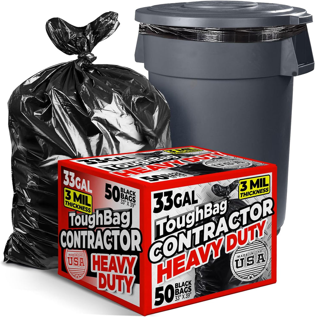 ToughBag 30-33 Gallon Trash Bags Heavy Duty (50 COUNT) 3 Mil Contractor Trash Bags – Heavy Duty Black Contractor Can Liners - Made In USA