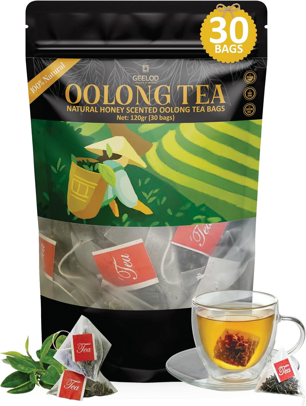 30 Nature Oolong Tea Bags – 100% Pure Whole Leaf Mix Nature Honey- Cortisol & Calming Tea for Anxiety, Stress, Digestion and Metabolism, Rich in Antioxidants, Vegan and Non-GMO