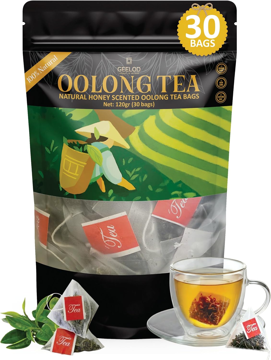 30 Nature Oolong Tea Bags – 100% Pure Whole Leaf Mix Nature Honey- Cortisol & Calming Tea for Anxiety, Stress, Digestion and Metabolism, Rich in Antioxidants, Vegan and Non-GMO