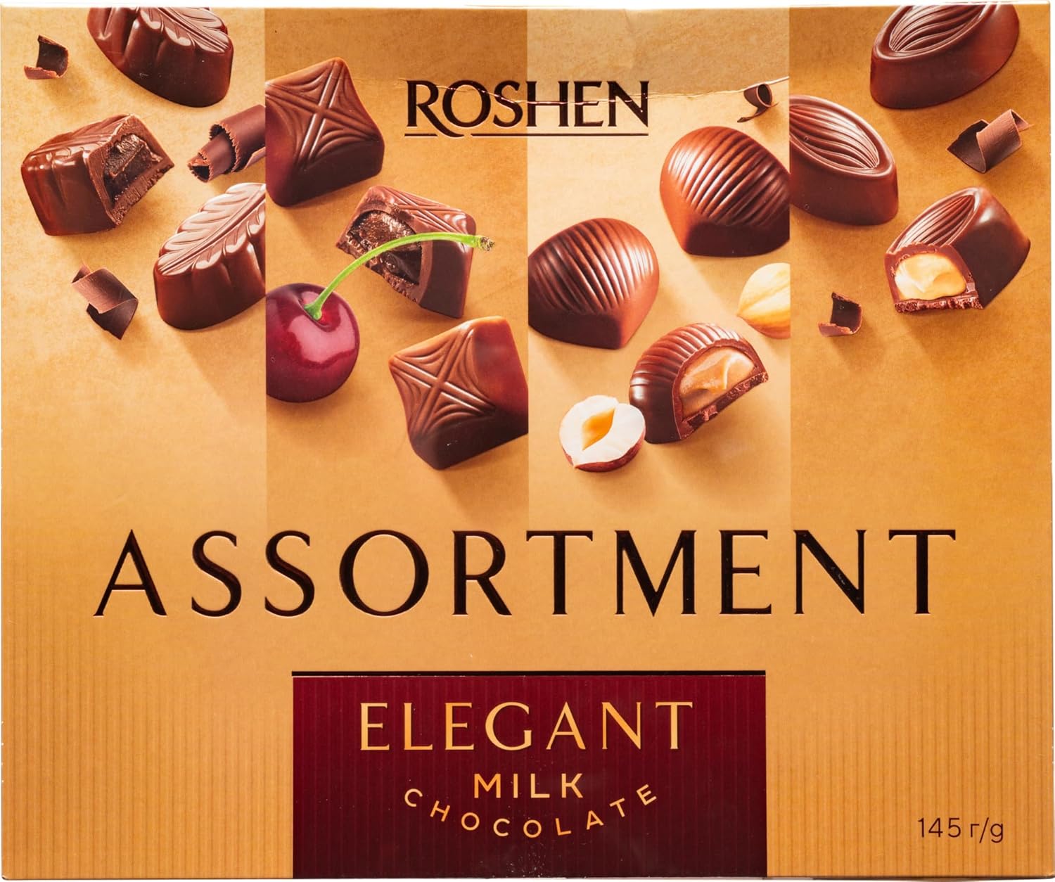 Elegant Milk Chocolate Assortment Candy Box with Cocoa Cream, Cherry Truffle, Creamy Hazelnut & Cream Fondant, 145g/5.11oz