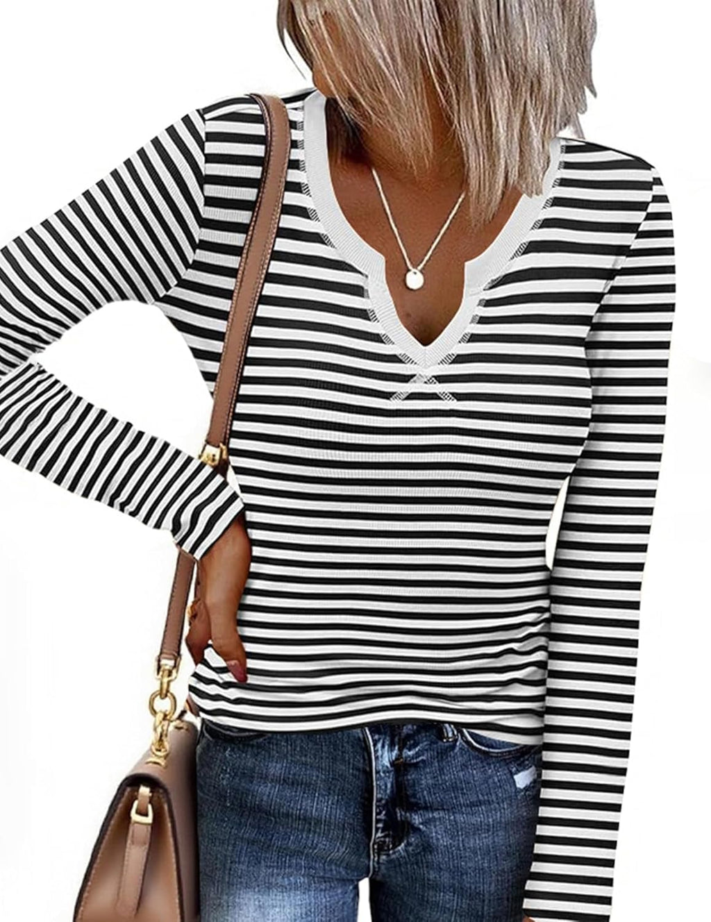 Ekouaer Long Sleeve Shirts for Women V Neck Basic Ribbed T Shirt Thermal Undershirts Slim Fit Casual Tee Tops