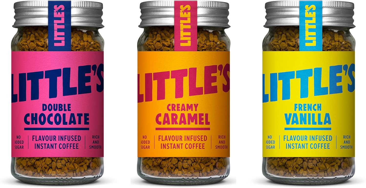 Little’s Flavored Instant Coffee The Sweet Set – Double Chocolate, Creamy Caramel, French Vanilla – No Added Sugar, Freeze-Dried Instant Coffee, 3 x 1.76 oz Jars, Total 42 Servings