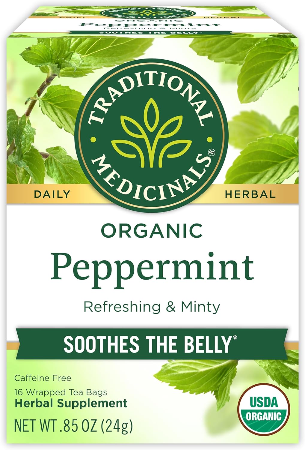 Traditional Medicinals Organic, Peppermint Tea - Helps Soothe Belly from Occasional Gas and Bloating - Kosher, Non-GMO, Caffeine-Free, Compostable - 16 Tea Bags