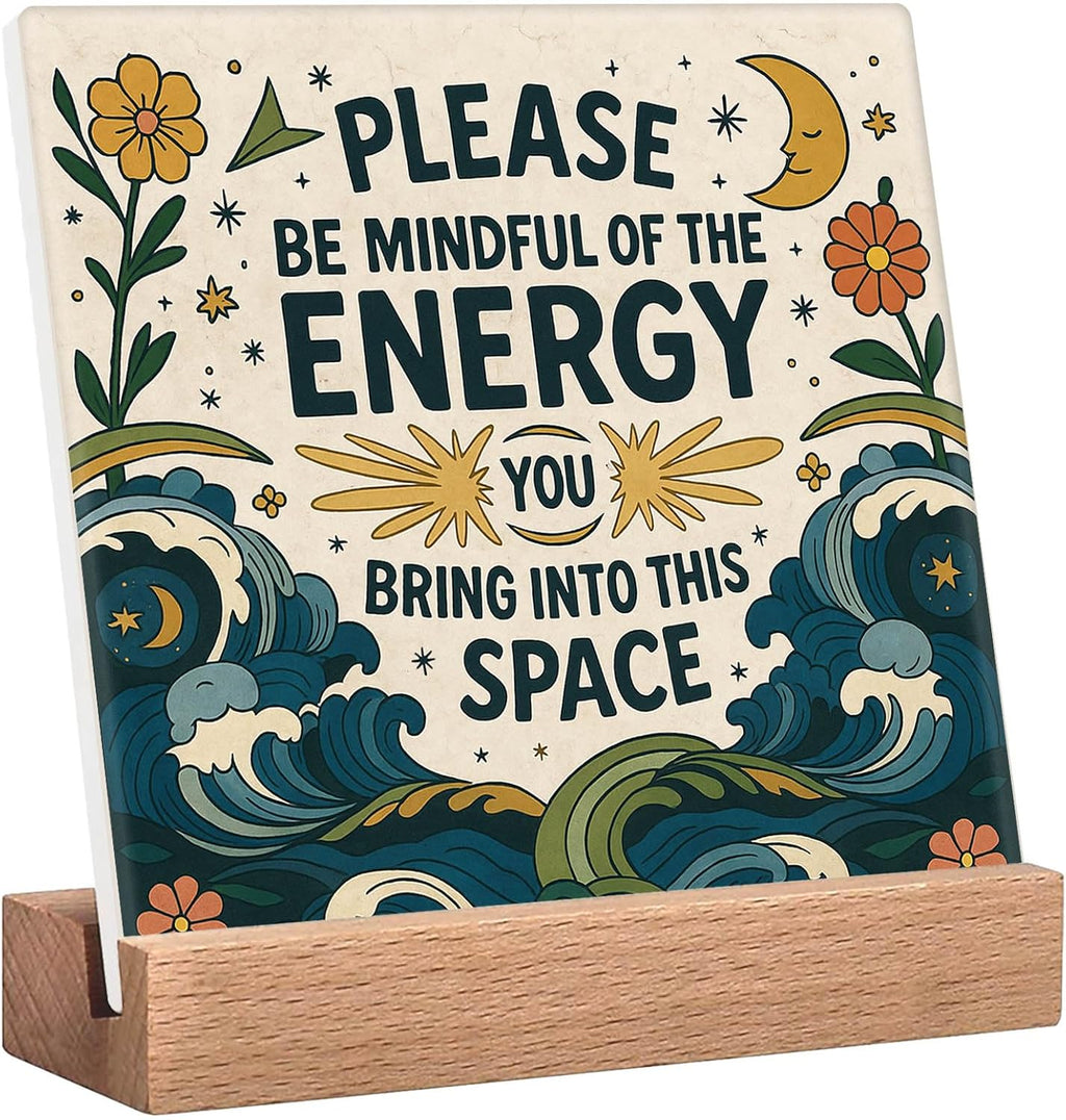 Meditation Room Spiritual Decor Positive Energy Desk Sign - Please Be Mindful of the Energy You Bring Into This Space Sign, Boho Decor for Home, Office, Yoga Room, Cafes