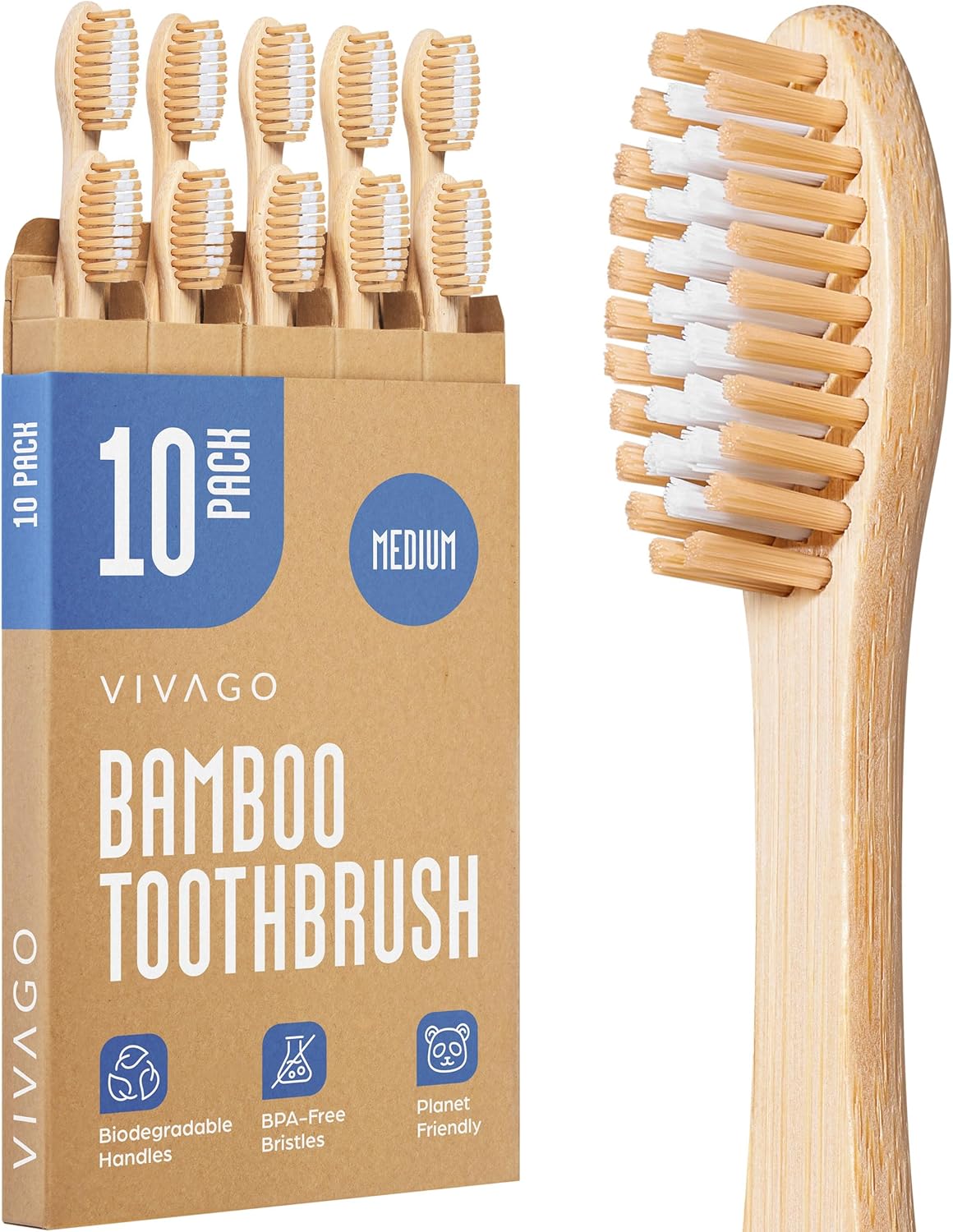 VIVAGO Bamboo Toothbrushes Medium Bristles 10 Pack - BPA Free Medium Bristles Toothbrushes for Adults - Eco-Friendly, Natural Wooden Toothbrush
