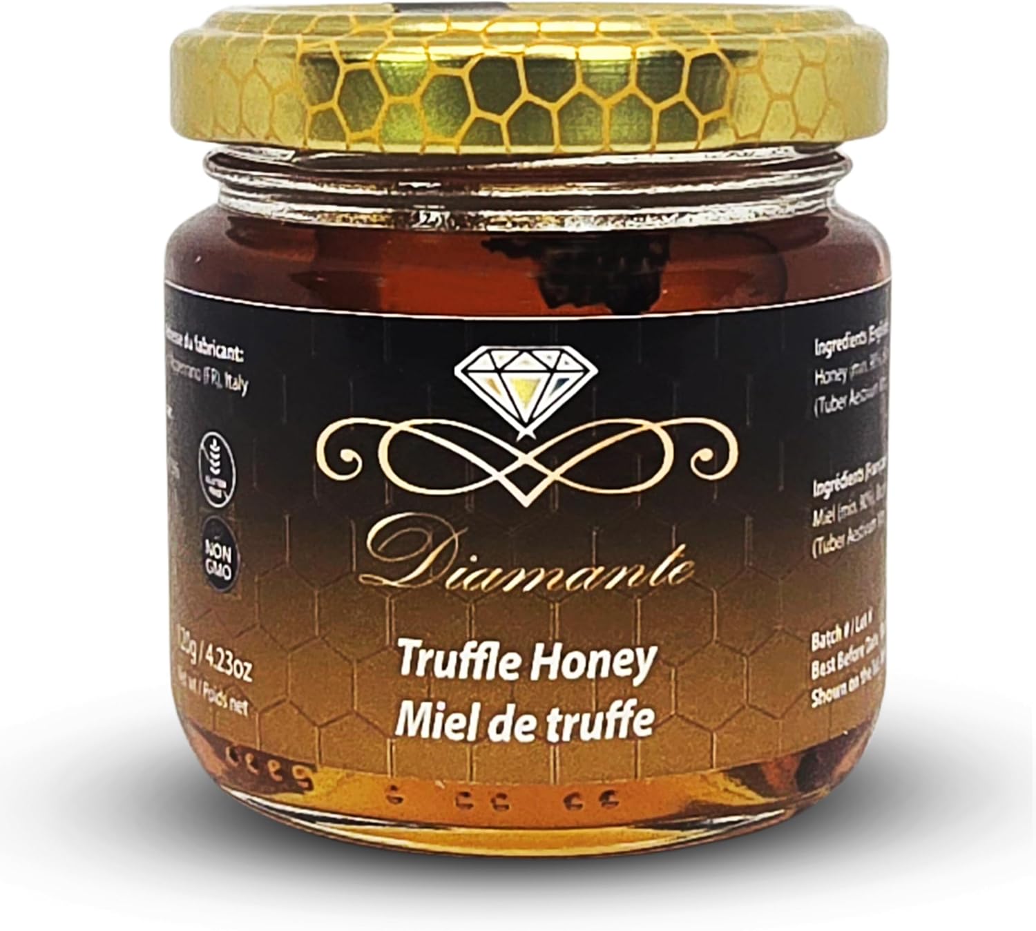 Diamante Italy Truffle Honey - Italian Luxurious Gourmet Flavored Honey with 3% Black Truffle - Ideal for Charcuterie Board & Cheese Plate - Non GMO & Made in Italy - 120g