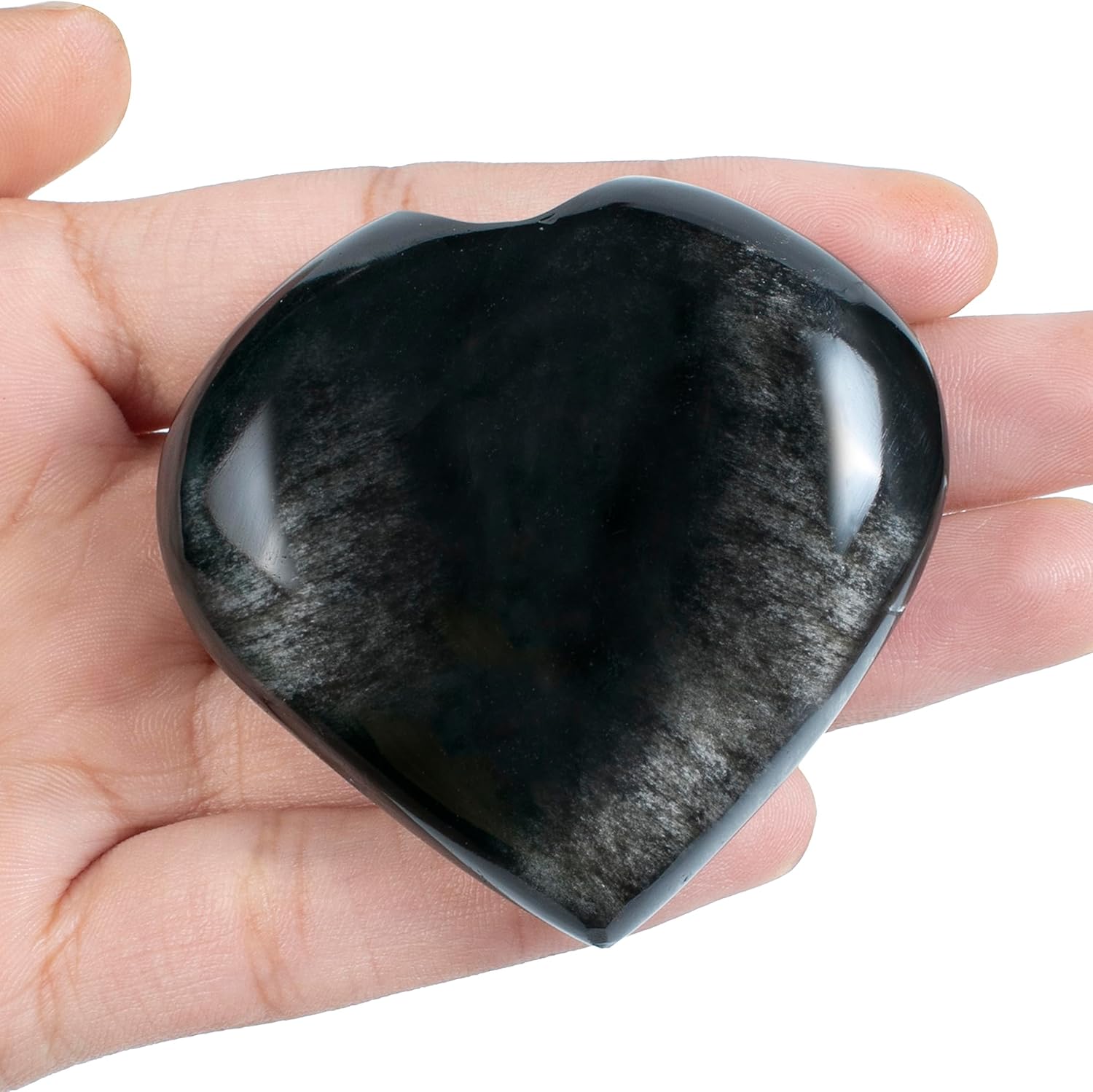 Crocon 50mm Silver Obsidian Heart Stone Big Heart Shape Puff Stones Set 450+ Carats Pocket Crystal Healing Tumble Collection Palm Worry Stone Good Luck Charm Meditation Gift Craft Home Decor