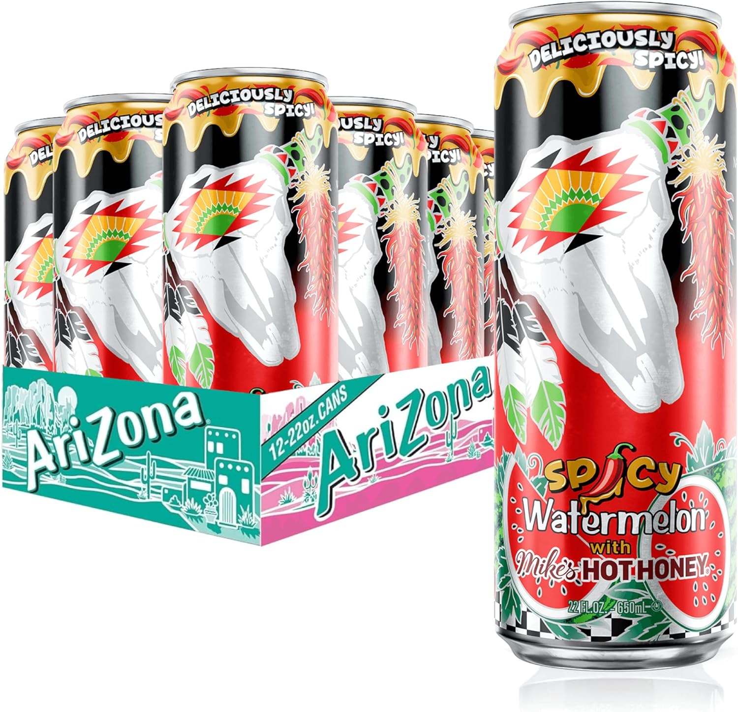 AriZona Watermelon, Fruit Juice Drink with Mikes Hot Honey - Big Can, 22 Fl Oz (Pack of 12)