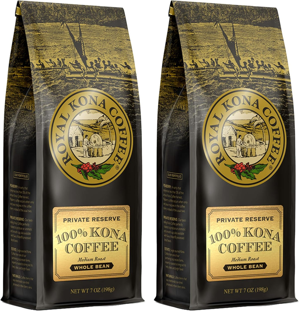 ROYAL KONA COFFEE Whole Bean - 100% Hawaiian Kona Coffee, Private Reserve, Medium Roast, (Pack of 2)