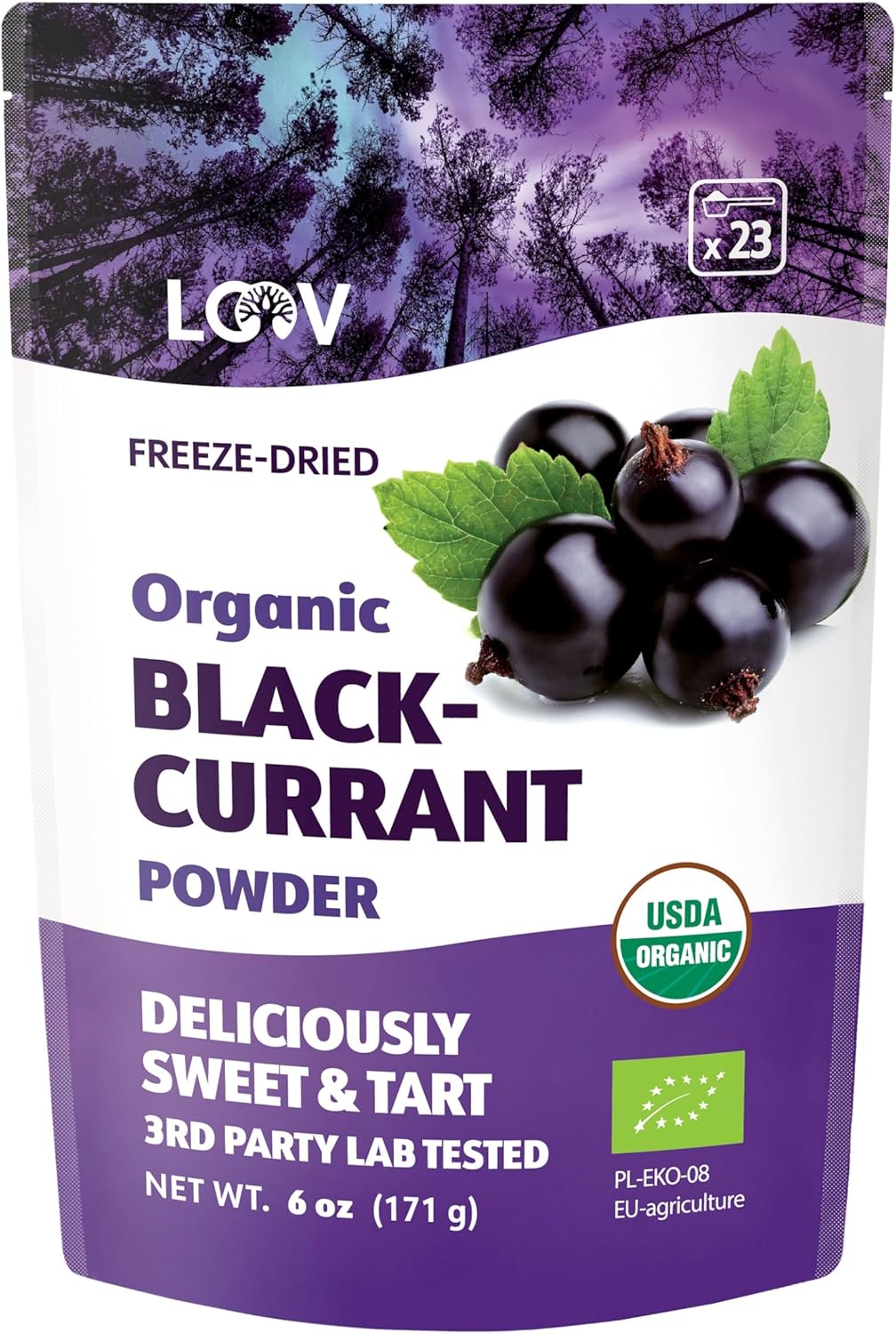 LOOV Blackcurrant Powder Organic, Made from 100% Whole Blackcurrants, Freeze Dried and Powdered Organic Blackcurrants, 6 Ounces, 23-Day Supply, Grown in Northern Europe, no Added Sugar