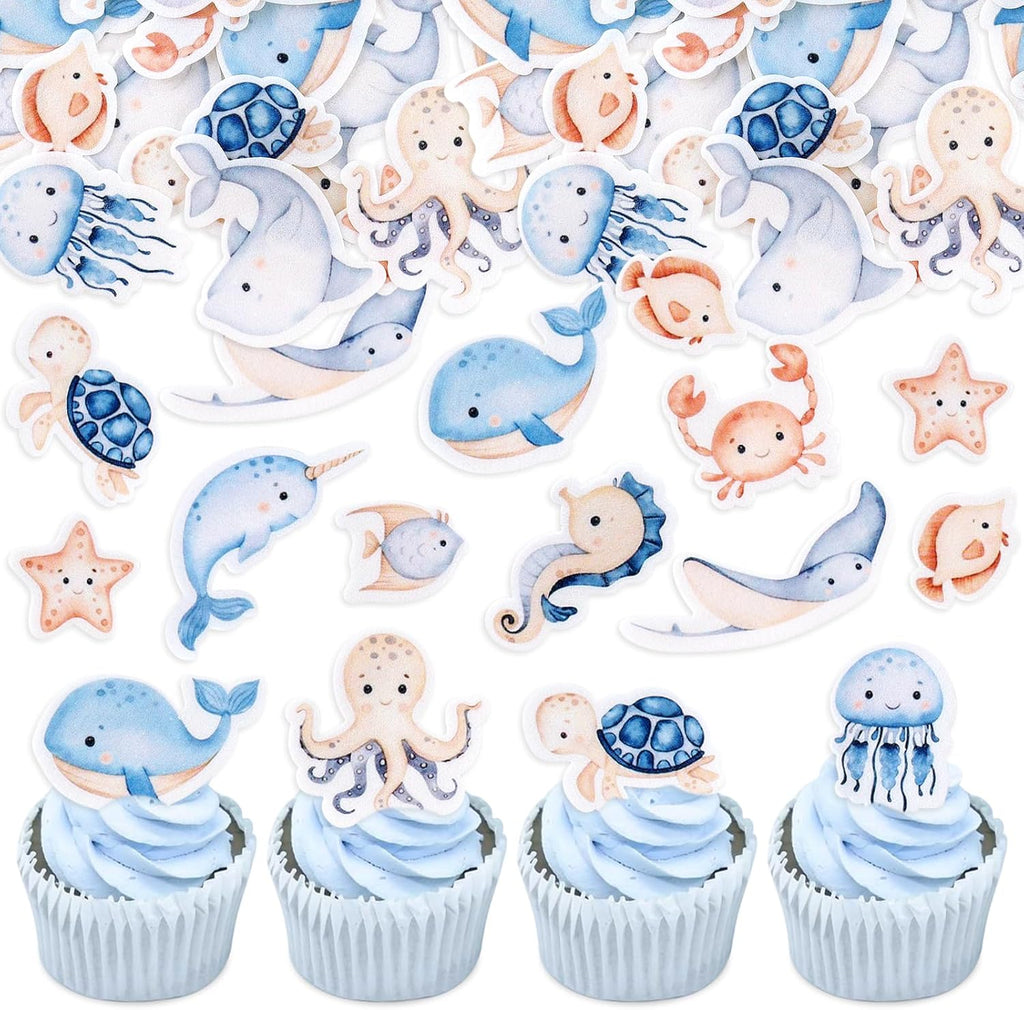 48PCS Edible Under The Sea Cupcake Topper Edible Starfish Octopus Crab Jellyfish Dolphin Starfish Seahorse Cupcake Picks for Under the Sea Baby Shower Boys Girls Birthday Party Decorations
