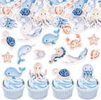 48PCS Edible Under The Sea Cupcake Topper Edible Starfish Octopus Crab Jellyfish Dolphin Starfish Seahorse Cupcake Picks for Under the Sea Baby Shower Boys Girls Birthday Party Decorations