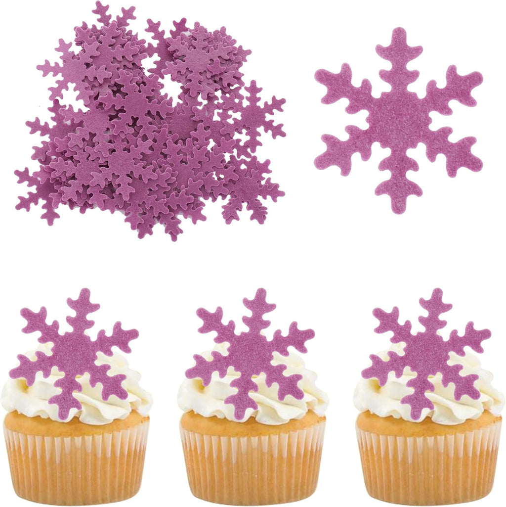 Gyufise 50Pcs Purple Edible Cupcake Toppers Snowflakes Cake Toppers Snowflakes Cake Decoration Winter Frozen Birthday Party Supplies