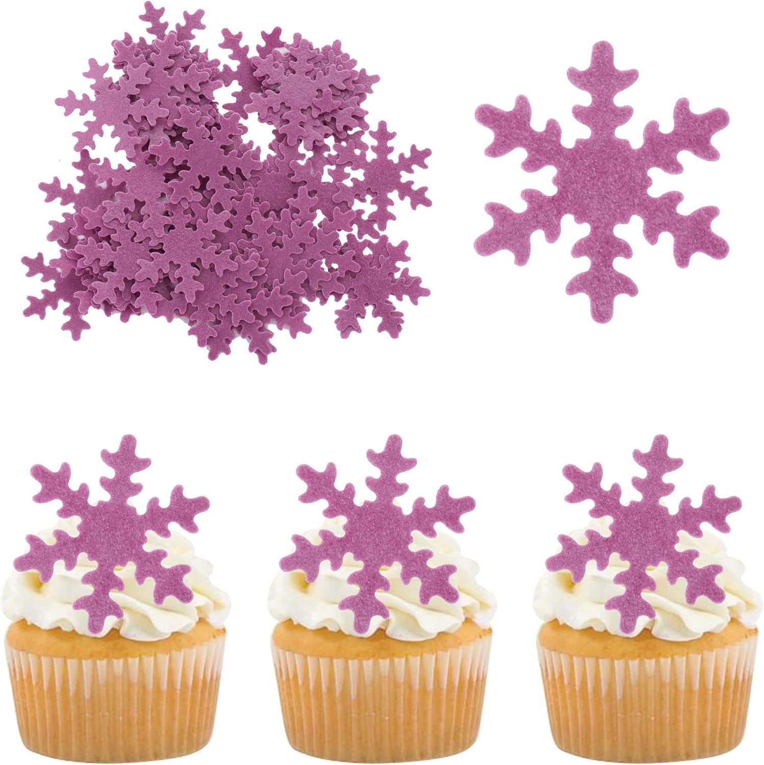 Gyufise 50Pcs Purple Edible Cupcake Toppers Snowflakes Cake Toppers Snowflakes Cake Decoration Winter Frozen Birthday Party Supplies