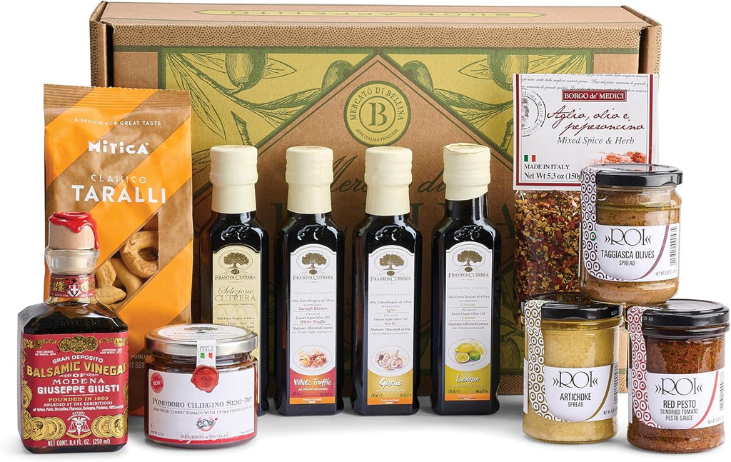 Mercato di Bellina Mama Mia! Grand Italian Gift Basket with Award Winning Balsamic Vinegar, Infused Olive Oils, and Gourmet Food - Al Natural Food Gift Basket - Gourmet Gifts for Foodies