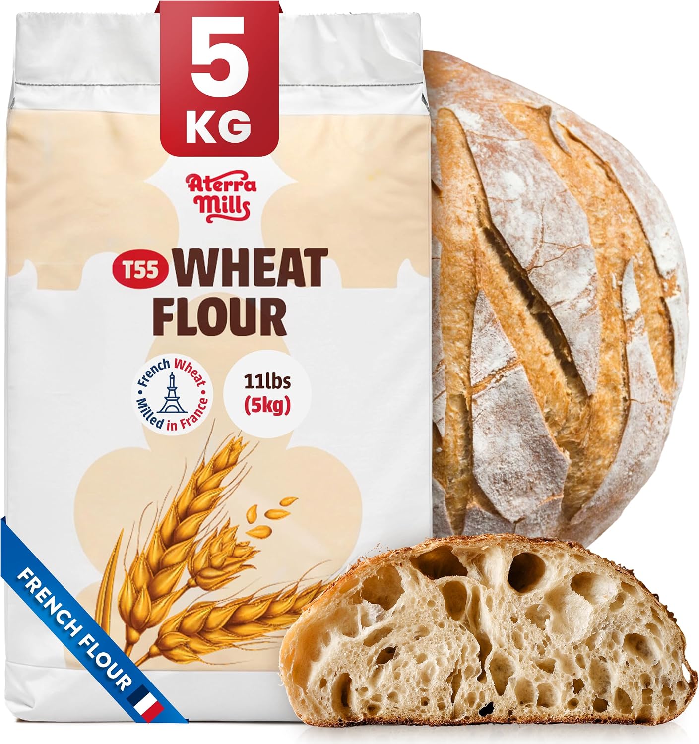 Aterra Mills T55 French All Purpose Flour, Unbleached Bread Flour, European Flour, Flour All Purpose, Bread Flour for Sourdough, Glyphosate-Free, 11 lbs (5kg)