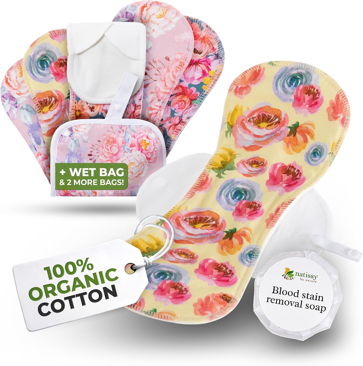 Organic Cotton, High Absorbency Reusable Period Pads for Heavy Flow (6 Pack L+XL) - Leak Proof & Odor Free Cloth Pads for Women - High-Temp Washable, Breathable & Skin-Safe for Menstrual Comfort