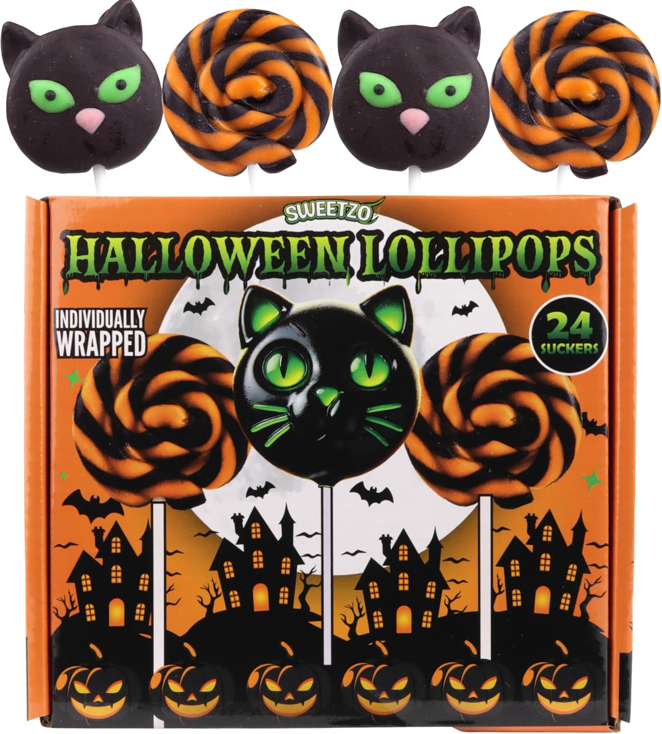 Individually Wrapped Halloween Lollipops, Candy Swirl and Cat Suckers, Trick or Treat Handout Candies, 24 Count