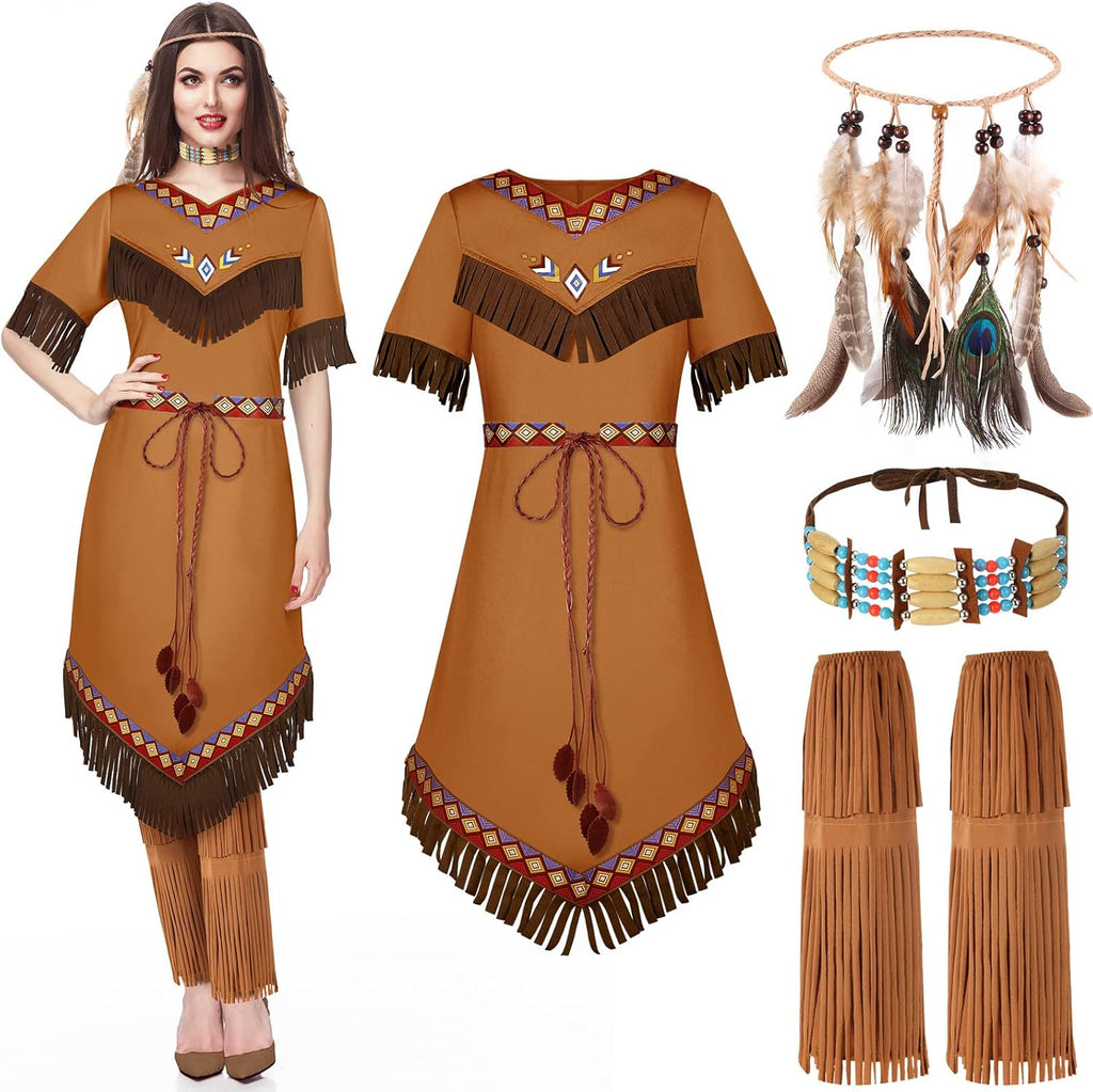 Jadive Women Native American Outfits Set Maiden Princess Dress up Indian Costume