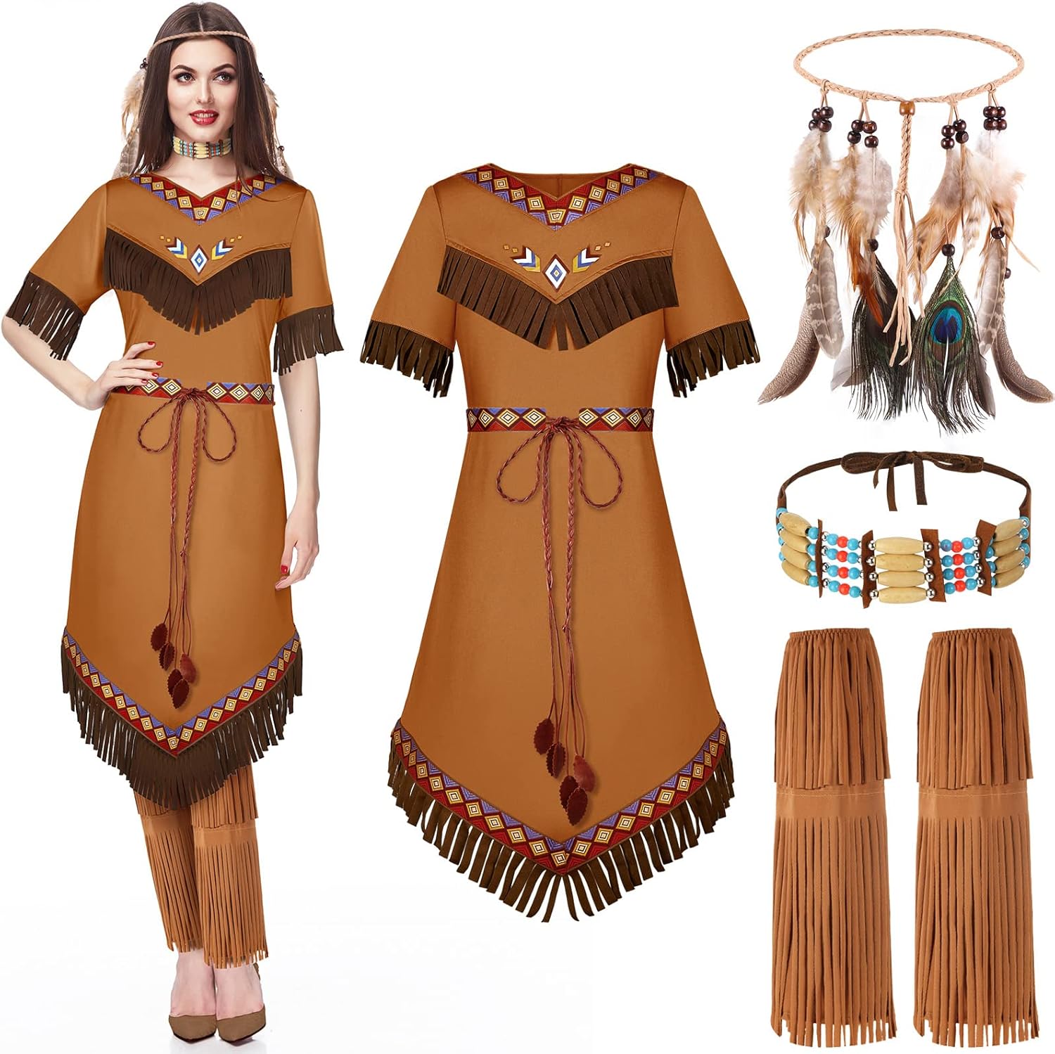 Jadive Women Native American Outfits Set Maiden Princess Dress up Indian Costume