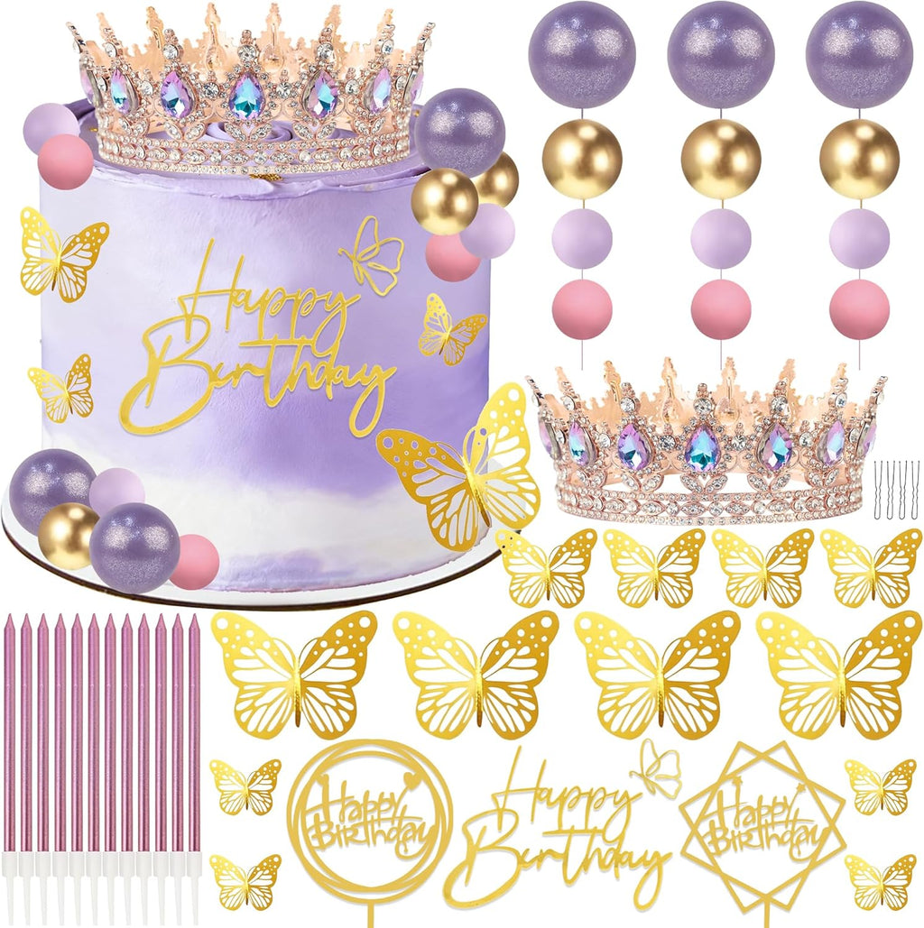 AMZVALU Corona Para Pastel, Crown Cake Topper, 3 Happy Birthday Cake Toppers, Balls Candles Butterflies Cake Decorations, Birthday Crown for Women Queen Princess (Rose Gold, Moonlight Purple)