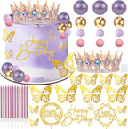 AMZVALU Corona Para Pastel, Crown Cake Topper, 3 Happy Birthday Cake Toppers, Balls Candles Butterflies Cake Decorations, Birthday Crown for Women Queen Princess (Rose Gold, Moonlight Purple)