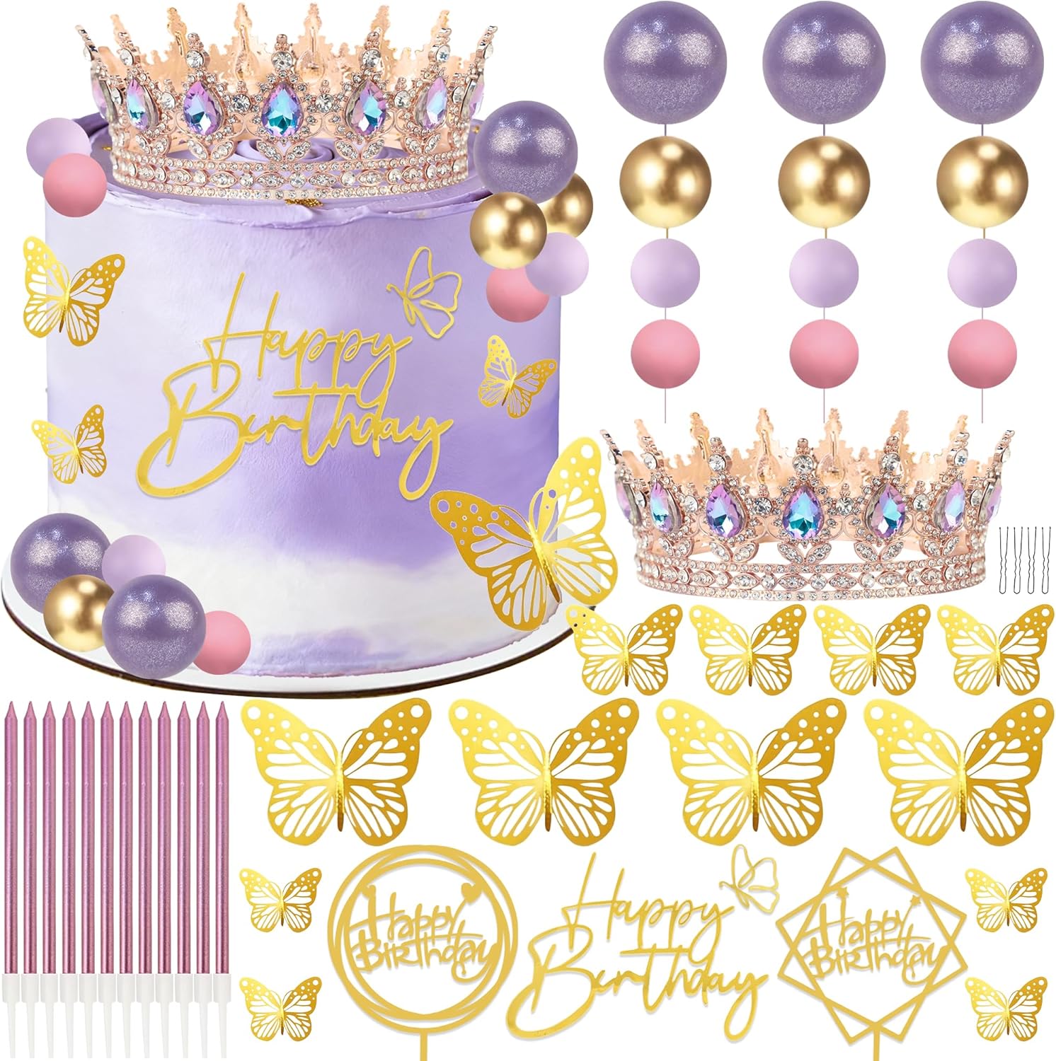 AMZVALU Corona Para Pastel, Crown Cake Topper, 3 Happy Birthday Cake Toppers, Balls Candles Butterflies Cake Decorations, Birthday Crown for Women Queen Princess (Rose Gold, Moonlight Purple)