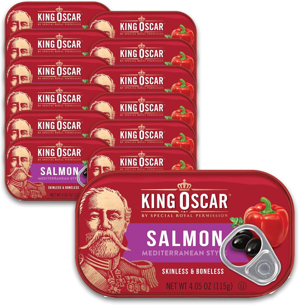 King Oscar Premium Salmon in Olive Oil, Mediterranean Style, 4.05-Ounce Cans (Pack of 12, Packaging May Vary), Skinless & Boneless Salmon