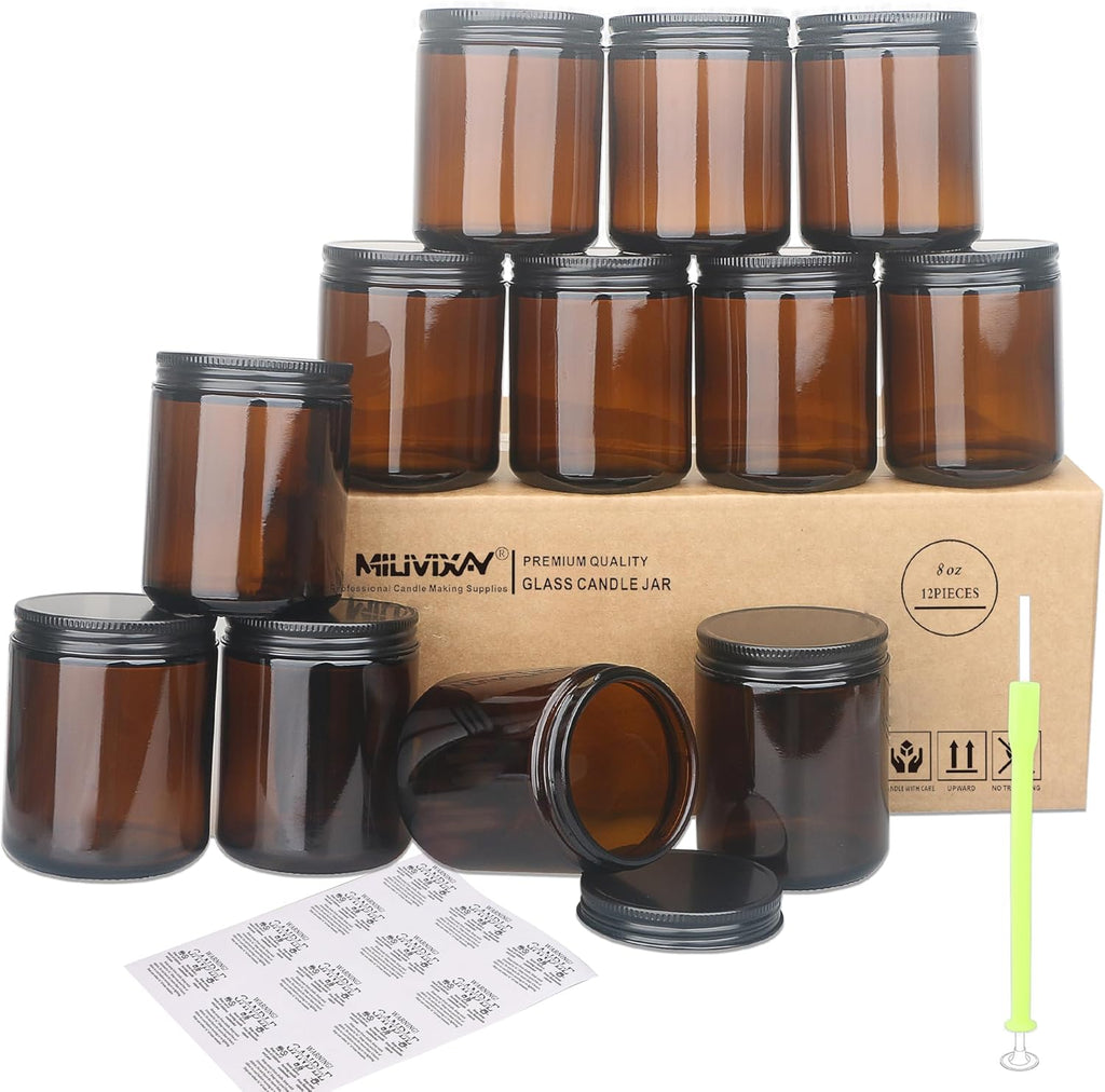 MILIVIXAY 12 Pack 8 OZ Thick Glass Dark Amber Candle Jars with All Black Metal Lids-Bulk Empty Candle Jars for Making Candles-Canning Jar for Spice, Liquid, Sample- Dishwasher Safe.