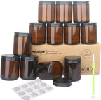 MILIVIXAY 12 Pack 8 OZ Thick Glass Dark Amber Candle Jars with All Black Metal Lids-Bulk Empty Candle Jars for Making Candles-Canning Jar for Spice, Liquid, Sample- Dishwasher Safe.
