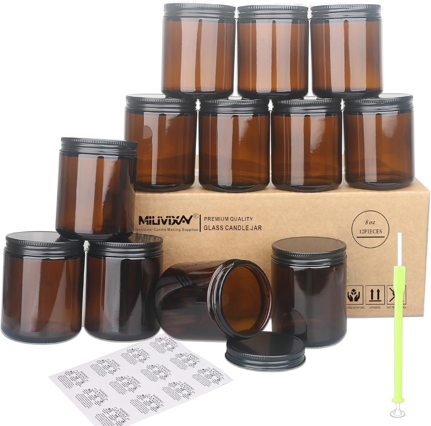 MILIVIXAY 12 Pack 8 OZ Thick Glass Dark Amber Candle Jars with All Black Metal Lids-Bulk Empty Candle Jars for Making Candles-Canning Jar for Spice, Liquid, Sample- Dishwasher Safe.