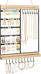 Feyejade Hanging Jewelry Organizer, 5-Tier Wall Earring Holder with Wooden Ring Groove, Jewelry Rack Wall Mounted for Earrings, Necklaces, Bracelets and Rings, Jewelry Holder Stand, Black